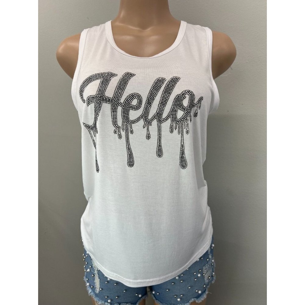 WOMEN Tank Top Shirt Sleeveless Yoga Top Rhinestone White S/M